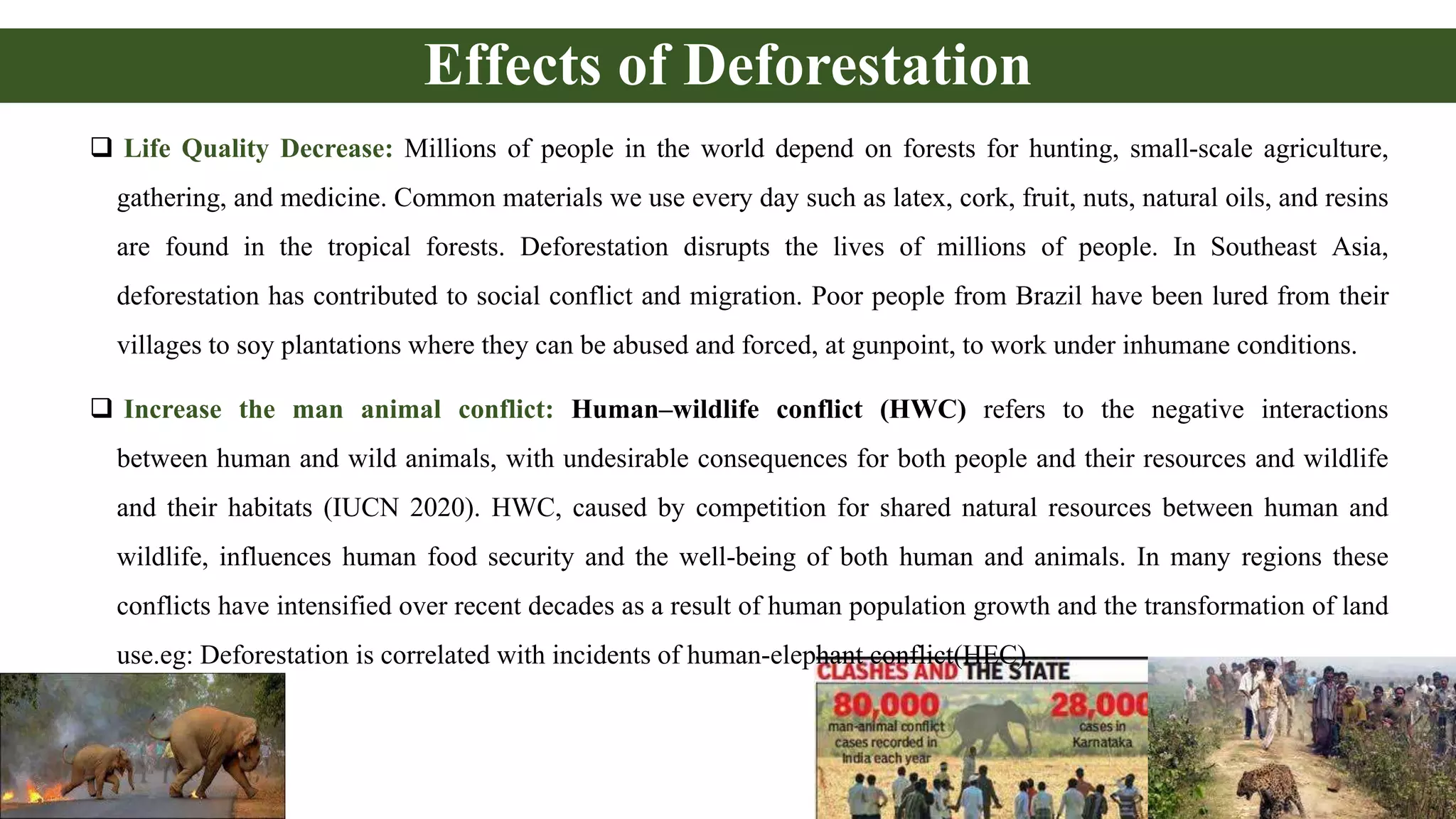 Effects of Deforestation
 Life Quality Decrease: Millions of people in the world depend on forests for hunting, small-scale agriculture,
gathering, and medicine. Common materials we use every day such as latex, cork, fruit, nuts, natural oils, and resins
are found in the tropical forests. Deforestation disrupts the lives of millions of people. In Southeast Asia,
deforestation has contributed to social conflict and migration. Poor people from Brazil have been lured from their
villages to soy plantations where they can be abused and forced, at gunpoint, to work under inhumane conditions.
 Increase the man animal conflict: Human–wildlife conflict (HWC) refers to the negative interactions
between human and wild animals, with undesirable consequences for both people and their resources and wildlife
and their habitats (IUCN 2020). HWC, caused by competition for shared natural resources between human and
wildlife, influences human food security and the well-being of both human and animals. In many regions these
conflicts have intensified over recent decades as a result of human population growth and the transformation of land
use.eg: Deforestation is correlated with incidents of human-elephant conflict(HEC).
 
