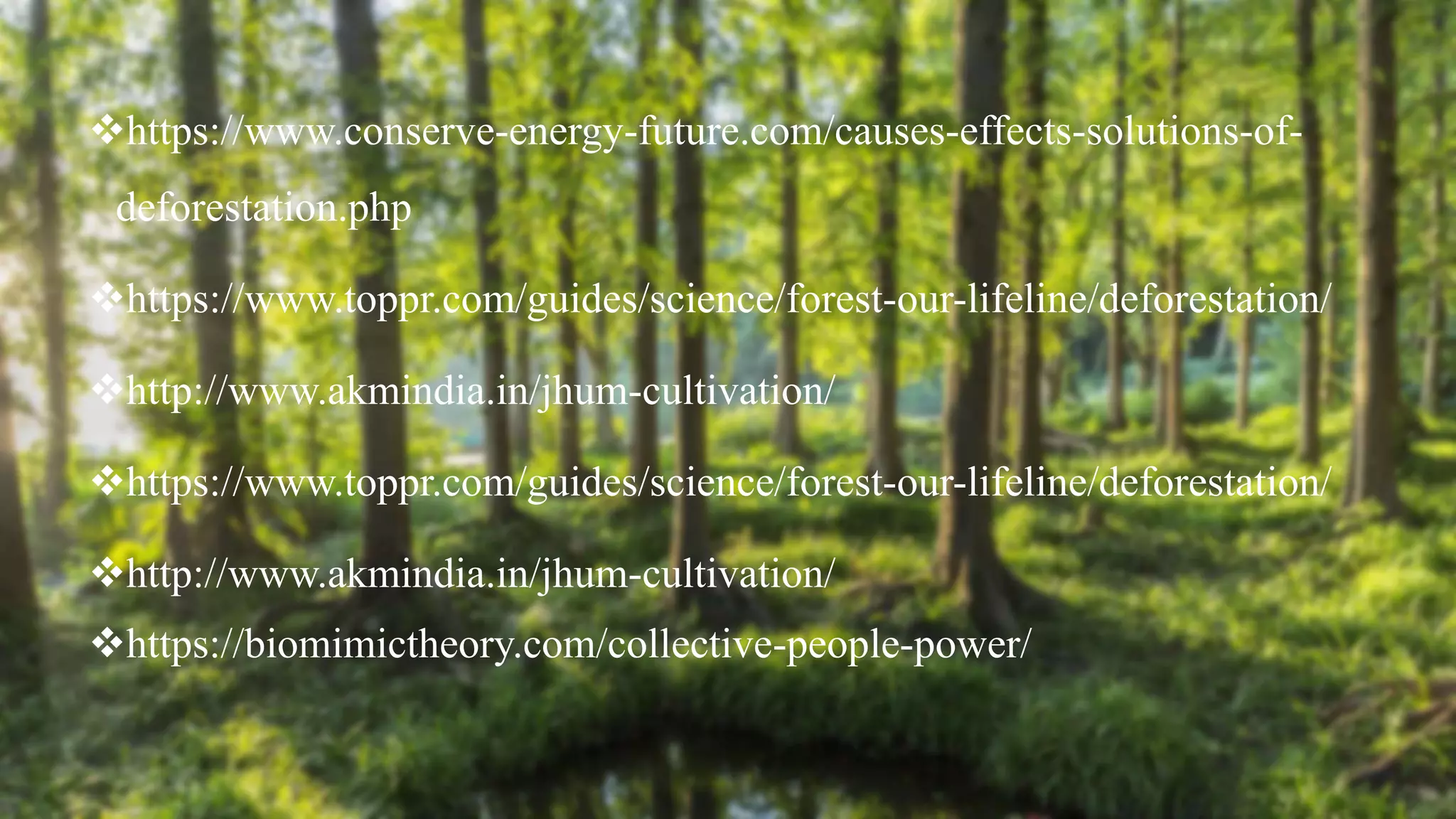 https://www.conserve-energy-future.com/causes-effects-solutions-of-
deforestation.php
https://www.toppr.com/guides/science/forest-our-lifeline/deforestation/
http://www.akmindia.in/jhum-cultivation/
https://www.toppr.com/guides/science/forest-our-lifeline/deforestation/
http://www.akmindia.in/jhum-cultivation/
https://biomimictheory.com/collective-people-power/
 