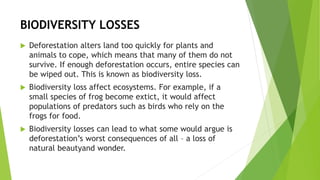 BIODIVERSITY LOSSES
 Deforestation alters land too quickly for plants and
animals to cope, which means that many of them do not
survive. If enough deforestation occurs, entire species can
be wiped out. This is known as biodiversity loss.
 Biodiversity loss affect ecosystems. For example, if a
small species of frog become extict, it would affect
populations of predators such as birds who rely on the
frogs for food.
 Biodiversity losses can lead to what some would argue is
deforestation’s worst consequences of all – a loss of
natural beautyand wonder.
 