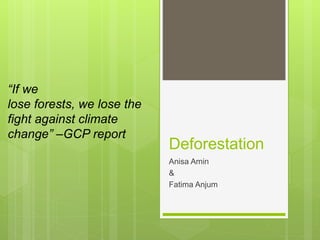 Deforestation
Anisa Amin
&
Fatima Anjum
“If we
lose forests, we lose the
fight against climate
change” –GCP report
 