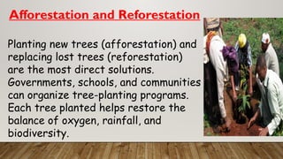 Afforestation and Reforestation
Planting new trees (afforestation) and
replacing lost trees (reforestation)
are the most direct solutions.
Governments, schools, and communities
can organize tree-planting programs.
Each tree planted helps restore the
balance of oxygen, rainfall, and
biodiversity.
 