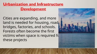 Urbanization and Infrastructure
Development
Cities are expanding, and more
land is needed for housing, roads,
bridges, factories, and schools.
Forests often become the first
victims when space is required for
these projects
 