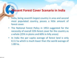 Present Forest Cover Scenario in India
• India, being seventh largest country in area and second
most populated country, posses a little amount of
forest cover.
• The National Forest Policy in 1953 suggested for the
necessity of overall 33% forest cover for the country as
a whole (25% in plains and 60% in hilly areas)
• In India the per capita average of forest land is only
0.11 ha which is much lower than the world average of
1.08 ha.
 
