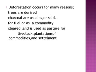  Deforestation occurs for many reasons;
trees are derived
charcoal are used as,or sold.
for fuel or as a commodity
cleared land is used as pasture for
livestock,plantationsof
commodities,and settelment
 