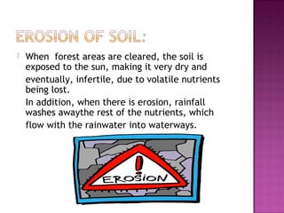 When forest areas are cleared, the soil is
exposed to the sun, making it very dry and
eventually, infertile, due to volatile nutrients
being lost.
In addition, when there is erosion, rainfall
washes awaythe rest of the nutrients, which
flow with the rainwater into waterways.
 