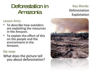 Deforestation in Amazonia ,[object Object],[object Object],[object Object],[object Object],[object Object],Key Words: Deforestation Exploitation 