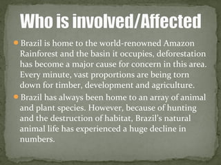 Brazil is home to the world-renowned Amazon
Rainforest and the basin it occupies, deforestation
has become a major cause for concern in this area.
Every minute, vast proportions are being torn
down for timber, development and agriculture.
Brazil has always been home to an array of animal
and plant species. However, because of hunting
and the destruction of habitat, Brazil’s natural
animal life has experienced a huge decline in
numbers.
 