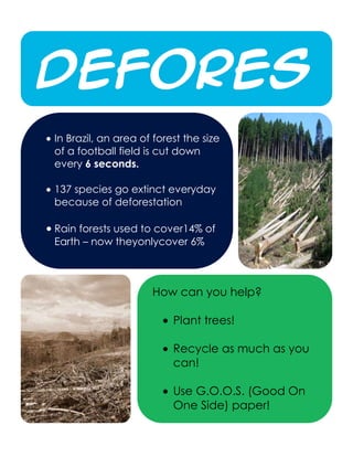 Defores
 tation
In Brazil, an area of forest the size
of a football field is cut down
every 6 seconds.

137 species go extinct everyday
because of deforestation

Rain forests used to cover14% of
Earth – now theyonlycover 6%



                     How can you help?

                          Plant trees!

                          Recycle as much as you
                          can!

                          Use G.O.O.S. (Good On
                          One Side) paper!
 