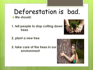 Deforestation is bad.
 We should:
1. tell people to stop cutting down
trees
2. plant a new tree
3. take care of the trees in our
environment
 