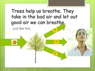 Trees help us breathe. They
take in the bad air and let out
good air we can breathe.
Just like this:
 