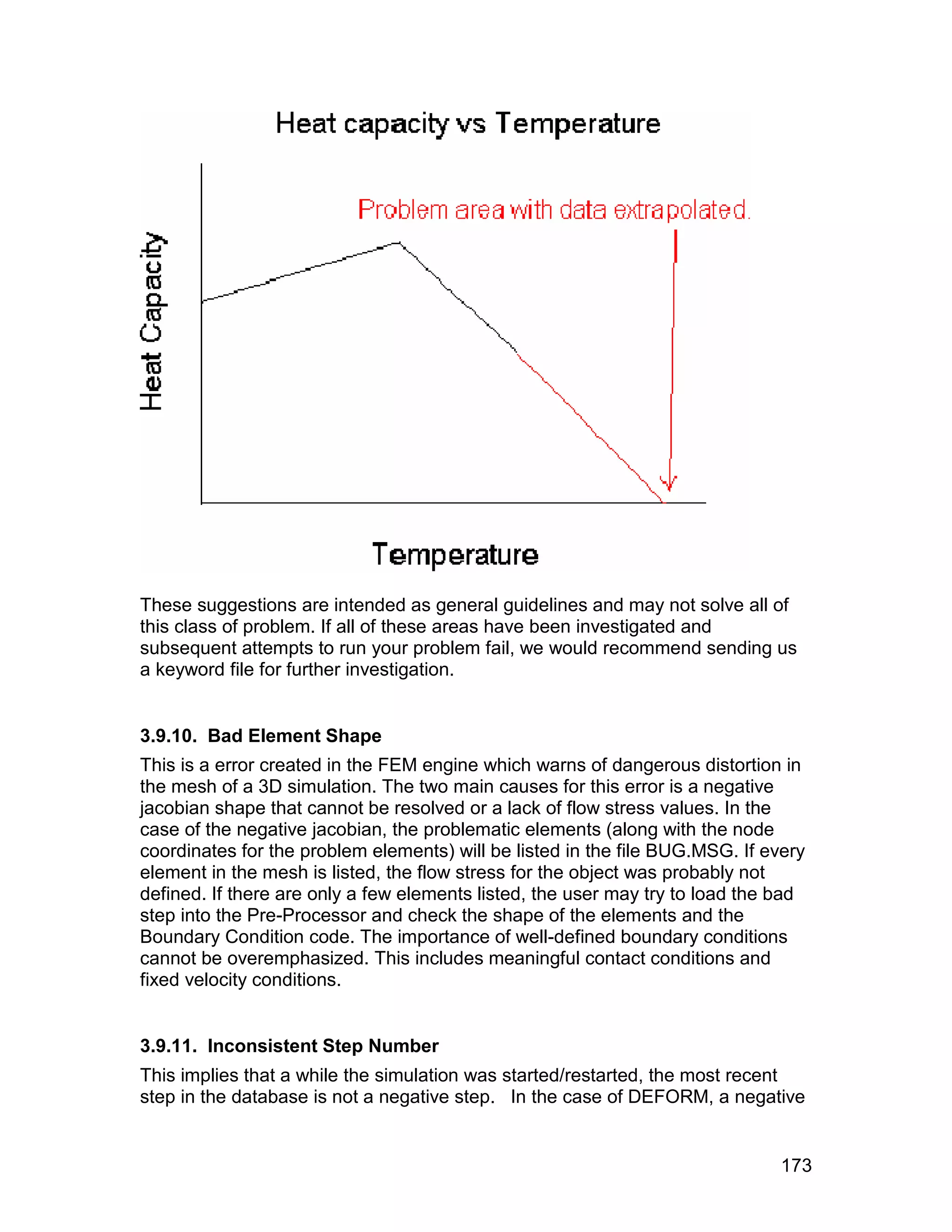These suggestions are intended as general guidelines and may not solve all of
this class of problem. If all of these areas have been investigated and
subsequent attempts to run your problem fail, we would recommend sending us
a keyword file for further investigation.


3.9.10. Bad Element Shape
This is a error created in the FEM engine which warns of dangerous distortion in
the mesh of a 3D simulation. The two main causes for this error is a negative
jacobian shape that cannot be resolved or a lack of flow stress values. In the
case of the negative jacobian, the problematic elements (along with the node
coordinates for the problem elements) will be listed in the file BUG.MSG. If every
element in the mesh is listed, the flow stress for the object was probably not
defined. If there are only a few elements listed, the user may try to load the bad
step into the Pre-Processor and check the shape of the elements and the
Boundary Condition code. The importance of well-defined boundary conditions
cannot be overemphasized. This includes meaningful contact conditions and
fixed velocity conditions.


3.9.11. Inconsistent Step Number
This implies that a while the simulation was started/restarted, the most recent
step in the database is not a negative step. In the case of DEFORM, a negative


                                                                               173
 