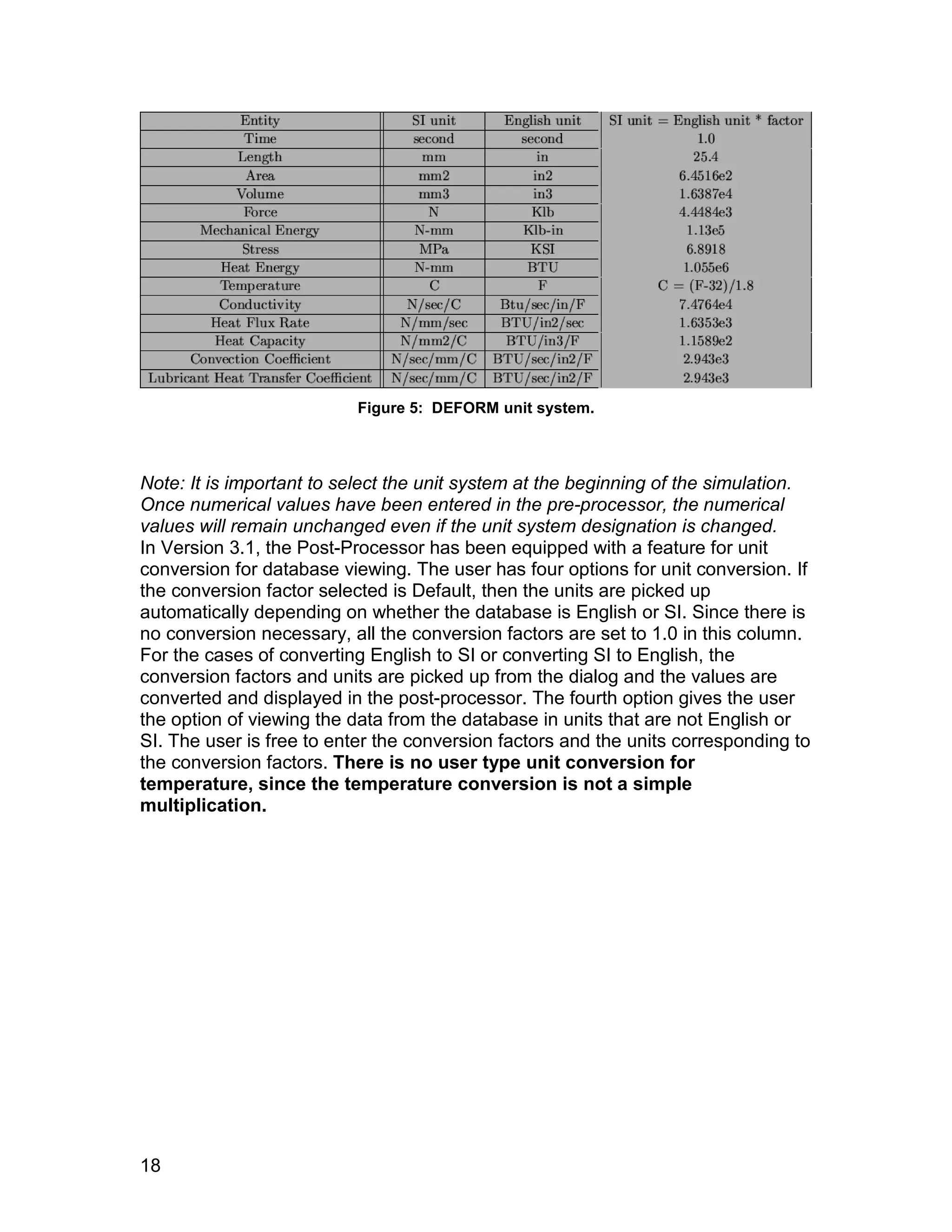 Figure 5: DEFORM unit system.



Note: It is important to select the unit system at the beginning of the simulation.
Once numerical values have been entered in the pre-processor, the numerical
values will remain unchanged even if the unit system designation is changed.
In Version 3.1, the Post-Processor has been equipped with a feature for unit
conversion for database viewing. The user has four options for unit conversion. If
the conversion factor selected is Default, then the units are picked up
automatically depending on whether the database is English or SI. Since there is
no conversion necessary, all the conversion factors are set to 1.0 in this column.
For the cases of converting English to SI or converting SI to English, the
conversion factors and units are picked up from the dialog and the values are
converted and displayed in the post-processor. The fourth option gives the user
the option of viewing the data from the database in units that are not English or
SI. The user is free to enter the conversion factors and the units corresponding to
the conversion factors. There is no user type unit conversion for
temperature, since the temperature conversion is not a simple
multiplication.




18
 