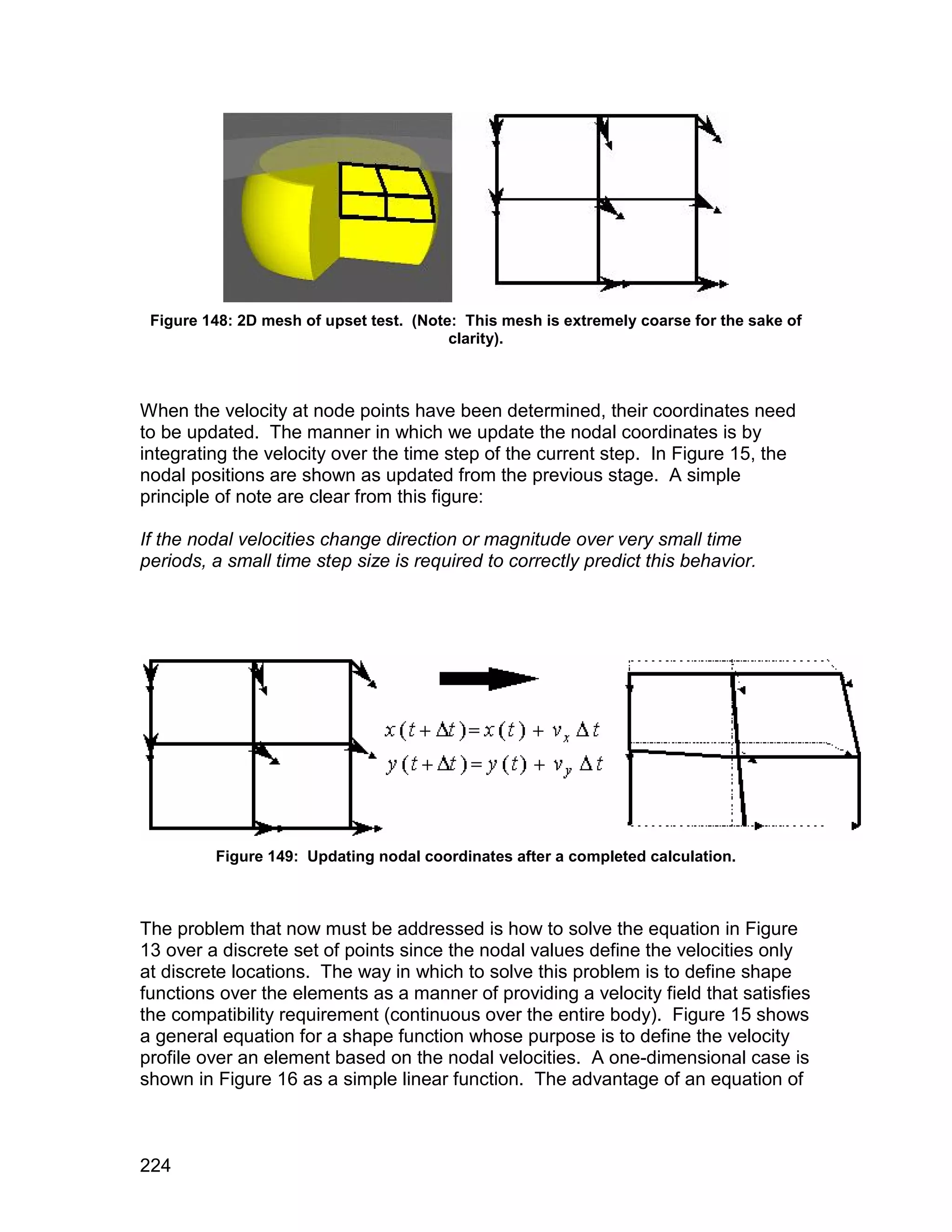 Figure 148: 2D mesh of upset test. (Note: This mesh is extremely coarse for the sake of
                                         clarity).



When the velocity at node points have been determined, their coordinates need
to be updated. The manner in which we update the nodal coordinates is by
integrating the velocity over the time step of the current step. In Figure 15, the
nodal positions are shown as updated from the previous stage. A simple
principle of note are clear from this figure:

If the nodal velocities change direction or magnitude over very small time
periods, a small time step size is required to correctly predict this behavior.




         Figure 149: Updating nodal coordinates after a completed calculation.



The problem that now must be addressed is how to solve the equation in Figure
13 over a discrete set of points since the nodal values define the velocities only
at discrete locations. The way in which to solve this problem is to define shape
functions over the elements as a manner of providing a velocity field that satisfies
the compatibility requirement (continuous over the entire body). Figure 15 shows
a general equation for a shape function whose purpose is to define the velocity
profile over an element based on the nodal velocities. A one-dimensional case is
shown in Figure 16 as a simple linear function. The advantage of an equation of



224
 