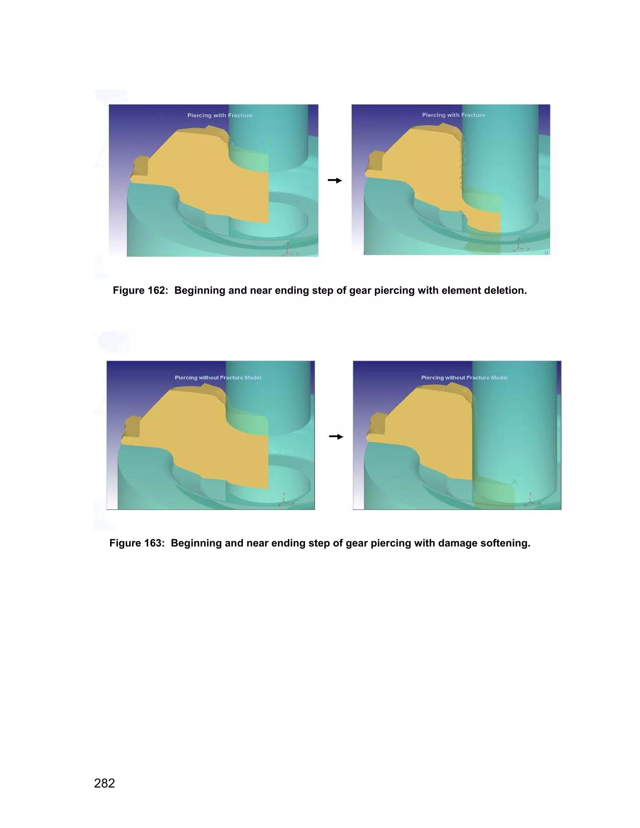 Figure 162: Beginning and near ending step of gear piercing with element deletion.




  Figure 163: Beginning and near ending step of gear piercing with damage softening.




282
 