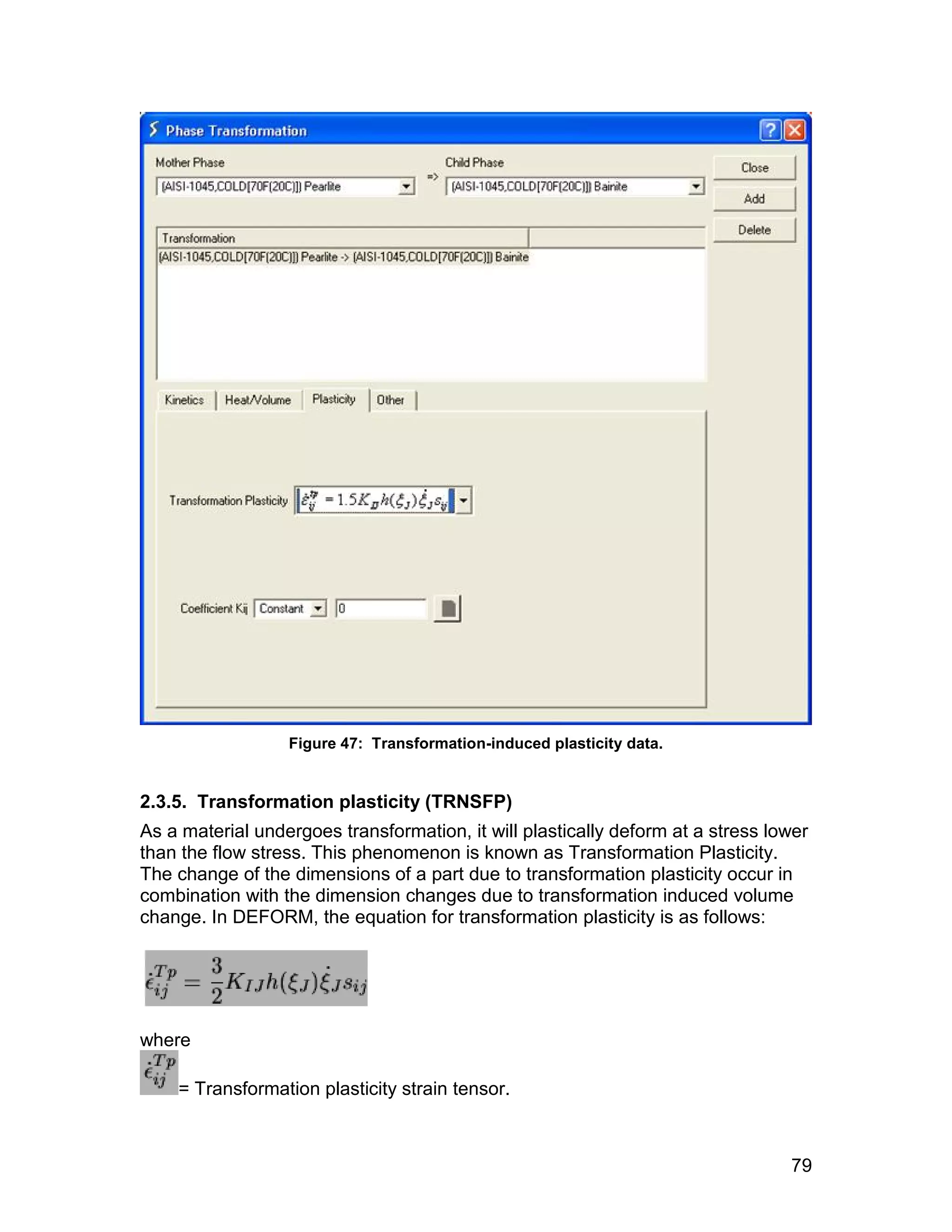 Figure 47: Transformation-induced plasticity data.


2.3.5. Transformation plasticity (TRNSFP)
As a material undergoes transformation, it will plastically deform at a stress lower
than the flow stress. This phenomenon is known as Transformation Plasticity.
The change of the dimensions of a part due to transformation plasticity occur in
combination with the dimension changes due to transformation induced volume
change. In DEFORM, the equation for transformation plasticity is as follows:




where

    = Transformation plasticity strain tensor.



                                                                                 79
 