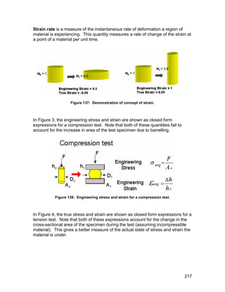 Strain rate is a measure of the instantaneous rate of deformation a region of
material is experiencing. This quantity measures a rate of change of the strain at
a point of a material per unit time.




                   Figure 137: Demonstration of concept of strain.



In Figure 3, the engineering stress and strain are shown as closed form
expressions for a compression test. Note that both of these quantities fail to
account for the increase in area of the test specimen due to barrelling.




           Figure 138: Engineering stress and strain for a compression test.



In Figure 4, the true stress and strain are shown as closed form expressions for a
tension test. Note that both of these expressions account for the change in the
cross-sectional area of the specimen during the test (assuming incompressible
material). This gives a better measure of the actual state of stress and strain the
material is under.




                                                                                 217
 