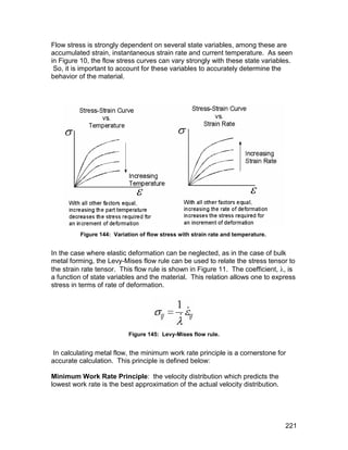 Flow stress is strongly dependent on several state variables, among these are
accumulated strain, instantaneous strain rate and current temperature. As seen
in Figure 10, the flow stress curves can vary strongly with these state variables.
 So, it is important to account for these variables to accurately determine the
behavior of the material.




          Figure 144: Variation of flow stress with strain rate and temperature.


In the case where elastic deformation can be neglected, as in the case of bulk
metal forming, the Levy-Mises flow rule can be used to relate the stress tensor to
the strain rate tensor. This flow rule is shown in Figure 11. The coefficient, , is
a function of state variables and the material. This relation allows one to express
stress in terms of rate of deformation.




                            Figure 145: Levy-Mises flow rule.


 In calculating metal flow, the minimum work rate principle is a cornerstone for
accurate calculation. This principle is defined below:

Minimum Work Rate Principle: the velocity distribution which predicts the
lowest work rate is the best approximation of the actual velocity distribution.




                                                                                   221
 