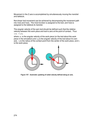 Movement in the Z axis is accomplished by simultaneously moving the mandrel
and tailstock.

Non-linear tool movement can be achieved by decomposing the movement path
into Vx(t) and Vz(t). The Vx(t) function is assigned to the tool, and Vz(t) is
assigned to the tailstock & mandrel.

The angular velocity of the spin tool should be defined such that the relative
velocity between the work piece and tool is zero at the point of contact. Thus
r1 1  r2  2
where 1 is the angular velocity of the work piece (or the tool about the work
piece in the simulation) and 2 is the angular velocity of the tool about it’s own
axis. r2 is the radius of the contact point from the center of the work piece, and r1
is the work piece.




        Figure 157: Automatic updating of radial velocity defined along an axis.




274
 