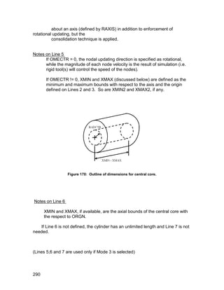 about an axis (defined by RAXIS) in addition to enforcement of
rotational updating, but the
          consolidation technique is applied.


Notes on Line 5
      If OMECTR = 0, the nodal updating direction is specified as rotational,
      while the magnitude of each node velocity is the result of simulation (i.e.
      rigid tool(s) will control the speed of the nodes).

       If OMECTR != 0, XMIN and XMAX (discussed below) are defined as the
       minimum and maximum bounds with respect to the axis and the origin
       defined on Lines 2 and 3. So are XMIN2 and XMAX2, if any.




                  Figure 170: Outline of dimensions for central core.




Notes on Line 6

      XMIN and XMAX, if available, are the axial bounds of the central core with
      the respect to ORGN.

    If Line 6 is not defined, the cylinder has an unlimited length and Line 7 is not
needed.



(Lines 5,6 and 7 are used only if Mode 3 is selected)




290
 