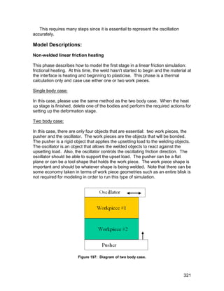 This requires many steps since it is essential to represent the oscillation
accurately.

Model Descriptions:
Non-welded linear friction heating

This phase describes how to model the first stage in a linear friction simulation:
frictional heating. At this time, the weld hasn't started to begin and the material at
the interface is heating and beginning to plasticise. This phase is a thermal
calculation only and case use either one or two work pieces.

Single body case:

In this case, please use the same method as the two body case. When the heat
up stage is finished, delete one of the bodies and perform the required actions for
setting up the deformation stage.

Two body case:

In this case, there are only four objects that are essential: two work pieces, the
pusher and the oscillator. The work pieces are the objects that will be bonded.
The pusher is a rigid object that applies the upsetting load to the welding objects.
The oscillator is an object that allows the welded objects to react against the
upsetting load. Also, the oscillator controls the oscillating friction direction. The
oscillator should be able to support the upset load. The pusher can be a flat
plane or can be a tool shape that holds the work piece. The work piece shape is
important and should be whatever shape is being welded. Note that there can be
some economy taken in terms of work piece geometries such as an entire blisk is
not required for modeling in order to run this type of simulation.




                        Figure 197: Diagram of two body case.




                                                                                  321
 