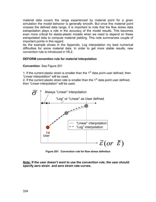 material data covers the range experienced by material point for a given
simulation the model behavior is generally smooth. But once this material point
crosses the defined data range, it is important to note that the flow stress data
extrapolation plays a role in the accuracy of the model results. This becomes
even more critical for elasto-plastic models when we need to depend on these
extrapolated data to compute material yielding. This note summarizes couple of
important points in this regard.
As the example shows in the Appendix, Log interpolation my lead numerical
difficulties for some material data. In order to get more stable results, new
convention rule is introduced in V8.2.

DEFORM convention rule for material interpolation

Convention: See Figure 201

1. If the current plastic strain is smaller than the 1st data point user defined, then
“Linear interpolation” will be used.
2. If the current plastic strain rate is smaller than the 1st data point user defined,
then “Linear interpolation” will be used.


                Always “Linear” interpolation

                          “Log” or “Linear” as User defined




                                           “Linear” interpolation
                                           “Log” interpolation
                 1st


                                                               (or  )
                User
                                                                           .
                  Figure 201: Convention rule for flow stress definition



Note: If the user doesn’t want to use the convention rule, the user should
specify zero strain and zero strain rate curves.




334
 