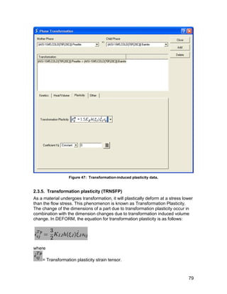 Figure 47: Transformation-induced plasticity data.


2.3.5. Transformation plasticity (TRNSFP)
As a material undergoes transformation, it will plastically deform at a stress lower
than the flow stress. This phenomenon is known as Transformation Plasticity.
The change of the dimensions of a part due to transformation plasticity occur in
combination with the dimension changes due to transformation induced volume
change. In DEFORM, the equation for transformation plasticity is as follows:




where

    = Transformation plasticity strain tensor.



                                                                                 79
 