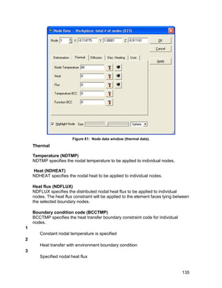 Figure 81: Node data window (thermal data).
    Thermal

    Temperature (NDTMP)
    NDTMP specifies the nodal temperature to be applied to individual nodes.

    Heat (NDHEAT)
    NDHEAT specifies the nodal heat to be applied to individual nodes.

    Heat flux (NDFLUX)
    NDFLUX specifies the distributed nodal heat flux to be applied to individual
    nodes. The heat flux constraint will be applied to the element faces lying between
    the selected boundary nodes.

    Boundary condition code (BCCTMP)
    BCCTMP specifies the heat transfer boundary constraint code for individual
    nodes.
1
       Constant nodal temperature is specified
2
       Heat transfer with environment boundary condition
3
       Specified nodal heat flux


                                                                                  135
 