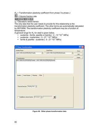 KIJ = Transformation plasticity coefficient from phase I to phase J
     = Volume fraction rate

sij = Deviatoric stress tensor.
The only data that the user needs to provide for this relationship is the
transformation plasticity coefficient. The other terms are automatically calculated
by DEFORM. The transformation plasticity coefficient may be a function of
temperature.
A general range for KIJ for steel is given below,
      austenite - ferrite, pearlite or bainite ( 4 - 13 *10-5 /MPa)
      austenite - martensite ( 5 - 21 * 10-5 /MPa)
      ferrite & pearlite - austenite ( 6 - 21 *10-5 /MPa)




                      Figure 48: Other phase transformation data




80
 