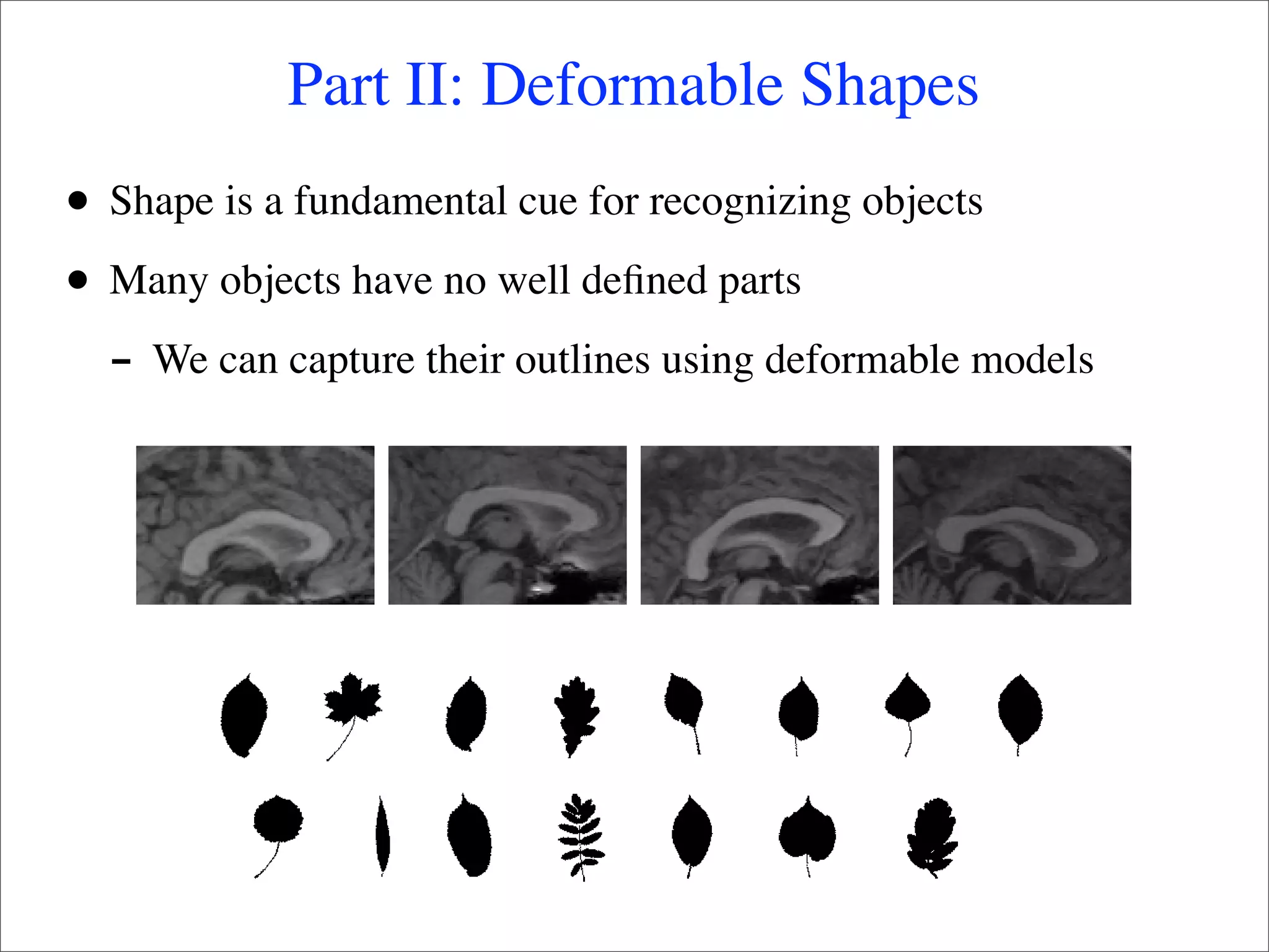 Part II: Deformable Shapes
•   Shape is a fundamental cue for recognizing objects

•   Many objects have no well deﬁned parts
    - We can capture their outlines using deformable models
 