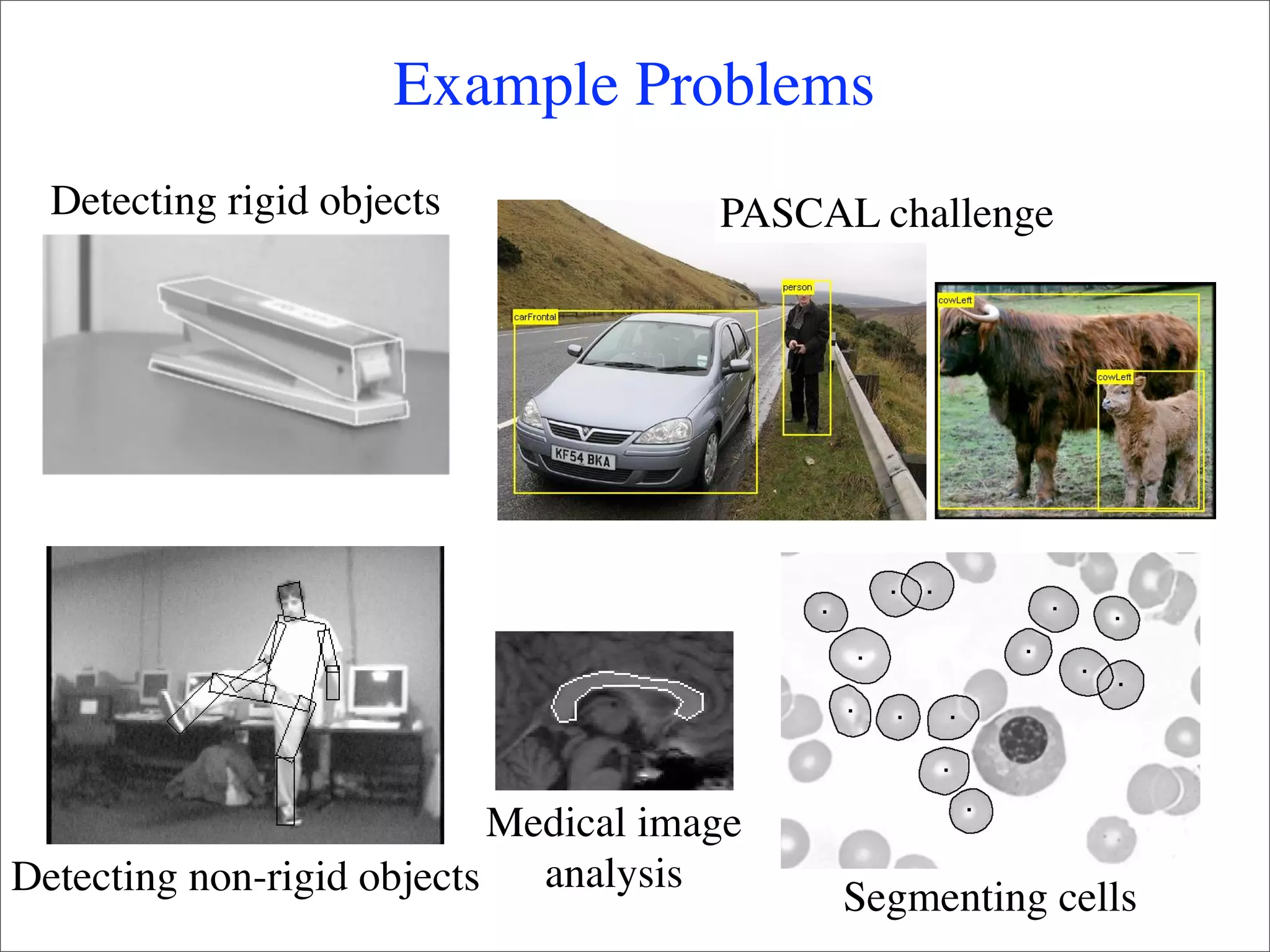 Example Problems
  Detecting rigid objects              PASCAL challenge




                            Medical image
Detecting non-rigid objects   analysis
                                            Segmenting cells
 