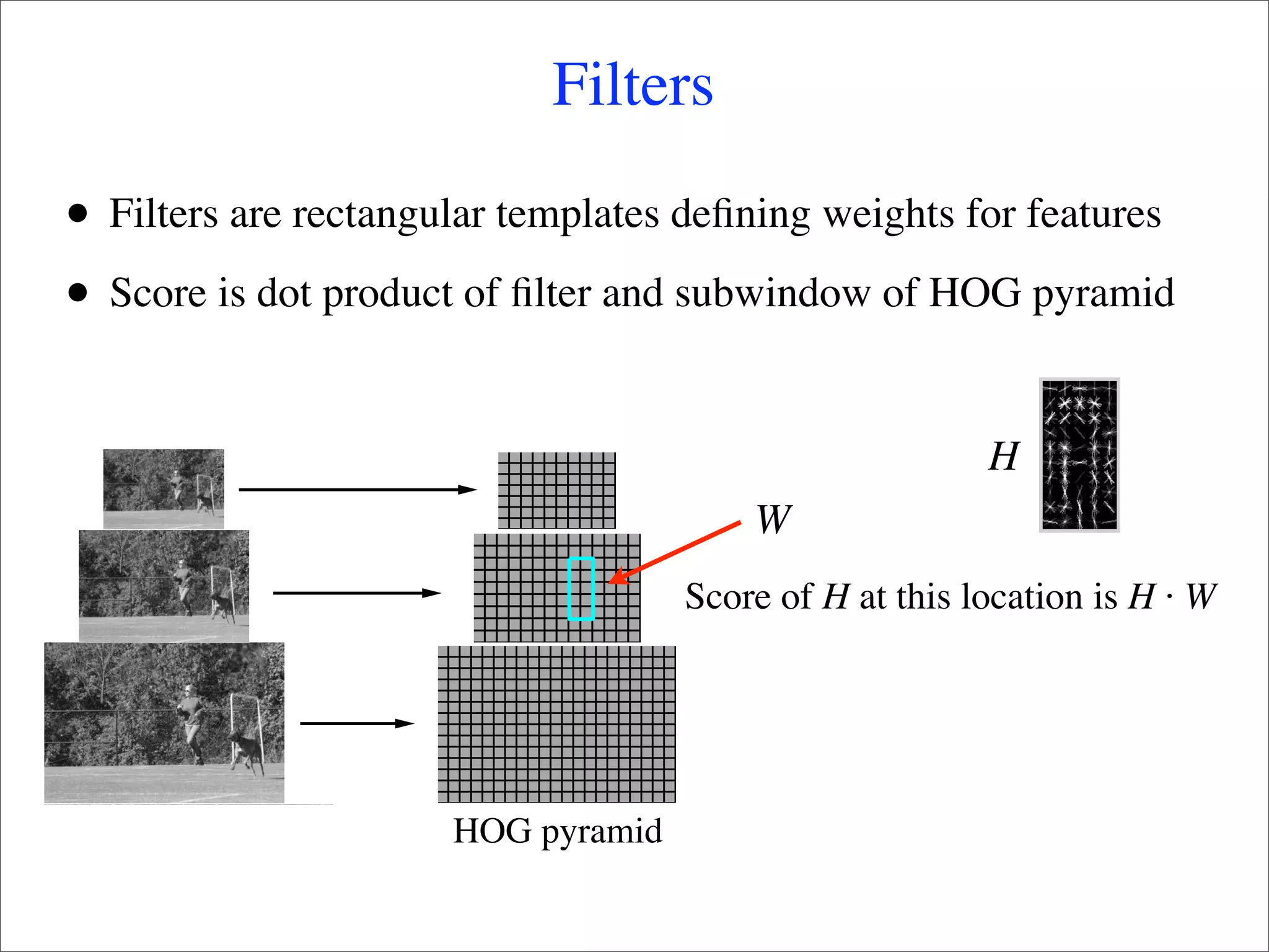 Filters

•   Filters are rectangular templates deﬁning weights for features

•   Score is dot product of ﬁlter and subwindow of HOG pyramid


                                                          H
                                          W
                                      Score of H at this location is H ⋅ W




                        HOG pyramid
 