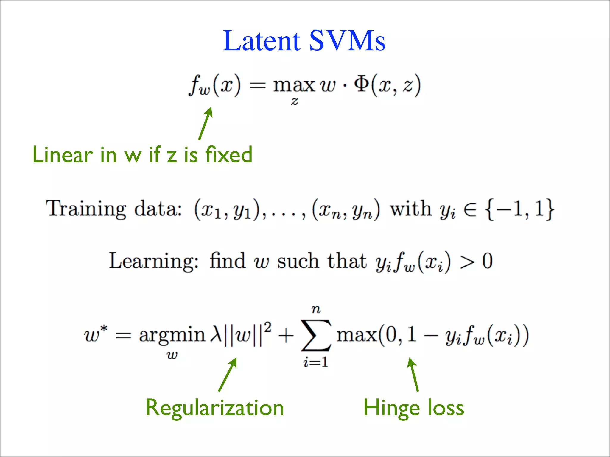 Latent SVMs


Linear in w if z is ﬁxed




            Regularization   Hinge loss
 