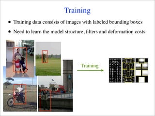 Training
•   Training data consists of images with labeled bounding boxes

•   Need to learn the model structure, ﬁlters and deformation costs




                                    Training
 
