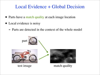 Local Evidence + Global Decision

•   Parts have a match quality at each image location

•   Local evidence is noisy
    - Parts are detected in the context of the whole model
             part




          test image                 match quality
 