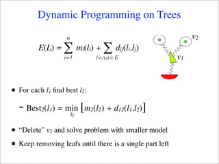 Dynamic Programming on Trees
                     n                                                 v2
          E(L) =    ∑ m (l ) + ∑ d (l ,l )
                              i i                 ij i j
                    i=1             (vi,vj) ∈ E                   v1



•   For each l1 ﬁnd best l2:

    - Best (l ) = min [m (l ) + d
           2 1
                         l2
                                2 2               12(l1,l2)   ]
•   “Delete” v2 and solve problem with smaller model

•   Keep removing leafs until there is a single part left
 