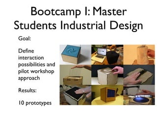 Bootcamp I: Master
Students Industrial Design
Goal:
Deﬁne
interaction
possibilities and
pilot workshop
approach
Results:
10 prototypes
and system output. However,
duct, such as its shape, change
hese changes through a process
uct that changes its shape can
feedback loop playing on the
ities, offering a dynamic
on of the user and the reaction
has been named interactive
pective on designing shape-
aluating emerging interactions
e.
n supported by manipulation,
dium sized (hand scale) objects.
[28] provided a systematic
ng hand movements and
ducted in the context of the
Figure 1. First generation of shape-changing interfaces,
exploring dynamic orientation, form, volume, texture, and
spatiality in one and two degrees of freedom. The bottom-
 