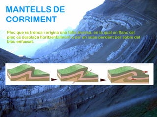 MANTELLS DE
CORRIMENT
Plec que es trenca i origina una falla inversa, en la qual un flanc del
plec es desplaça horitzontalment o per un suau pendent per sobre del
bloc enfonsat.
 