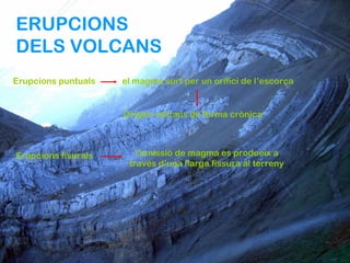 ERUPCIONS
DELS VOLCANS
Erupcions puntuals   el magma surt per un orifici de l’escorça


                     Origen volcans de forma crònica



Erupcions fisurals      l’emissió de magma es produeix a
                      través d’una llarga fissura al terreny
 