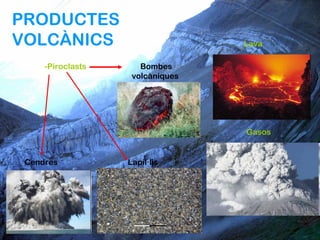 PRODUCTES
VOLCÀNICS                         Lava

     -Piroclasts      Bombes
                    volcàniques




                                  Gasos


 Cendres           Lapil·lis
 