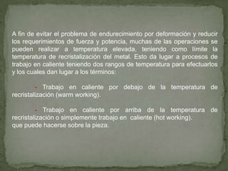 Las desventajas de este proceso de conformado son: -Se requiere mayor potencia para llevar a cabo las                operaciones de conformado.-La pérdida de ductilidad por el endurecimiento por                deformación del metal limita la cantidad de trabajo o               conformado que puede hacerse sobre la pieza.-En algunas ocasiones debe recocerse la pieza trabajada                en frío para poder llevarla a la forma final deseada, esto               se conoce como recocido intermedio y es costoso.-La pieza debe de estar perfectamente libre de suciedad a               fin de evitar incrustaciones en su superficie.