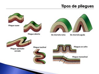 Pliegue suave 
Pliegue abierto 
Pliegue isoclinal 
Pliegue apretado-cerrado 
Tipos de pliegues 
De charnela roma De charnela aguda 
Pliegues en cofre 
Pliegue monoclinal 
 