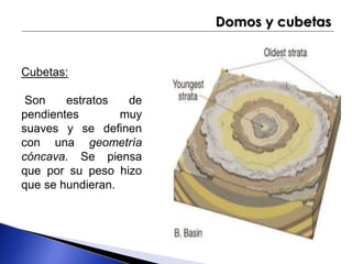Domos y cubetas 
Cubetas: 
Son estratos de 
pendientes muy 
suaves y se definen 
con una geometría 
cóncava. Se piensa 
que por su peso hizo 
que se hundieran. 
 