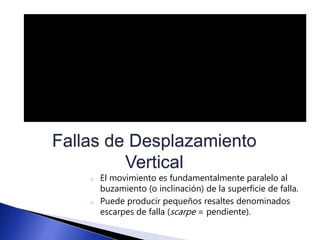 Fallas de Desplazamiento 
Vertical 
o El movimiento es fundamentalmente paralelo al 
buzamiento (o inclinación) de la superficie de falla. 
o Puede producir pequeños resaltes denominados 
escarpes de falla (scarpe = pendiente). 
 