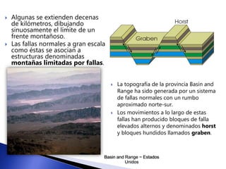  Algunas se extienden decenas 
de kilómetros, dibujando 
sinuosamente el límite de un 
frente montañoso. 
 Las fallas normales a gran escala 
como éstas se asocian a 
estructuras denominadas 
montañas limitadas por fallas. 
 La topografía de la provincia Basin and 
Range ha sido generada por un sistema 
de fallas normales con un rumbo 
aproximado norte-sur. 
 Los movimientos a lo largo de estas 
fallas han producido bloques de falla 
elevados alternos y denominados horst 
y bloques hundidos llamados graben. 
Basin and Range ~ Estados 
Unidos 
 