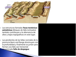  Las estructuras llamadas fosas tectónicas 
asimétricas (bloques de falla inclinados) 
también contribuyen a la alternancia de 
altos y bajos topográficos en este lugar. 
 Las pendientes de las fallas normales de la 
provincia Basin and Range disminuyen con 
la profundidad y finalmente se juntan para 
formar una falla casi horizontal 
denominada falla de despegue. 
 