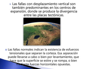  Las fallas con desplazamiento vertical son 
también predominantes en los centros de 
expansión, donde se produce la divergencia 
entre las placas tectónicas. 
Valle del Rift~ Africa 
 Las fallas normales indican la existencia de esfuerzos 
tensionales que separan la corteza. Esa separación 
puede llevarse a cabo o bien por levantamiento, que 
hace que la superficie se estire y se rompa, o bien 
mediante fuerzas horizontales opuestas. 
 