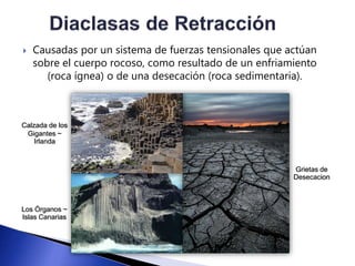  Causadas por un sistema de fuerzas tensionales que actúan 
sobre el cuerpo rocoso, como resultado de un enfriamiento 
(roca ígnea) o de una desecación (roca sedimentaria). 
Calzada de los 
Gigantes ~ 
Irlanda 
Los Órganos ~ 
Islas Canarias 
Grietas de 
Desecacion 
 