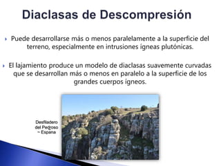  Puede desarrollarse más o menos paralelamente a la superficie del 
terreno, especialmente en intrusiones ígneas plutónicas. 
 El lajamiento produce un modelo de diaclasas suavemente curvadas 
que se desarrollan más o menos en paralelo a la superficie de los 
grandes cuerpos ígneos. 
Desfiladero 
del Pedroso 
~ 
~ Espana 
 