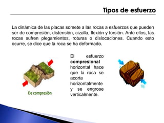 Tipos de esfuerzo 
La dinámica de las placas somete a las rocas a esfuerzos que pueden 
ser de compresión, distensión, cizalla, flexión y torsión. Ante ellos, las 
rocas sufren plegamientos, roturas o dislocaciones. Cuando esto 
ocurre, se dice que la roca se ha deformado. 
El esfuerzo 
compresional 
horizontal hace 
que la roca se 
acorte 
horizontalmente 
y se engrose 
verticalmente. 
 
