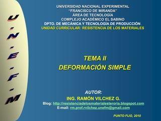 UNIVERSIDAD NACIONAL EXPERIMENTAL
             “FRANCISCO DE MIRANDA”
               ÁREA DE TECNOLOGÍA
         COMPLEJO ACADÉMICO EL SABINO
 DPTO. DE MECÁNICA Y TECNOLOGÍA DE PRODUCCIÓN.
UNIDAD CURRICULAR: RESISTENCIA DE LOS MATERIALES




               TEMA II
         DEFORMACIÓN SIMPLE


                    AUTOR:
             ING. RAMÓN VILCHEZ G.
Blog: http://resistenciadelosmaterialesteroria.blogspot.com
         E-mail: rm.prof.rvilchez.unefm@gmail.com

                                         PUNTO FIJO, 2010
 